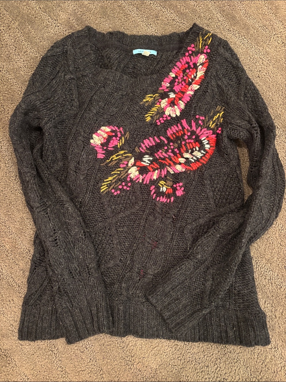 Anthropologie Charcoal Cable-Knit Sweater with Pink & Yellow Floral Embroidery